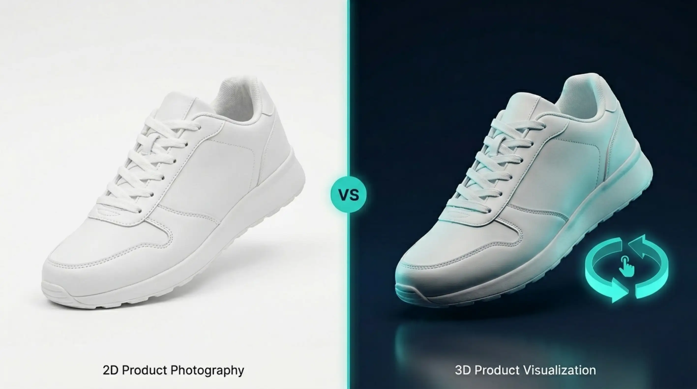 Comparison banner showing traditional 2D white sneaker product photography versus an interactive 360-degree 3D product visualization model.
