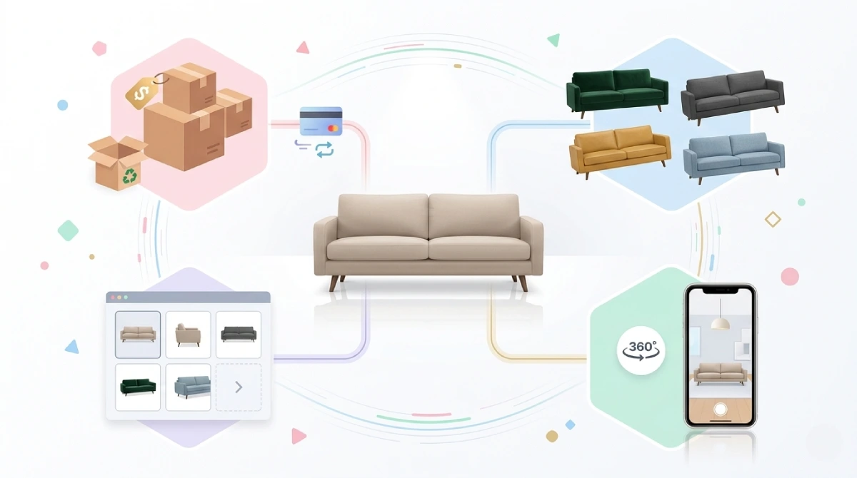 Digital ecosystem for e-commerce product visualization showing 3D sofa models, augmented reality (AR) mobile view, 360-degree interactive viewer, and automated inventory management for online retail.
