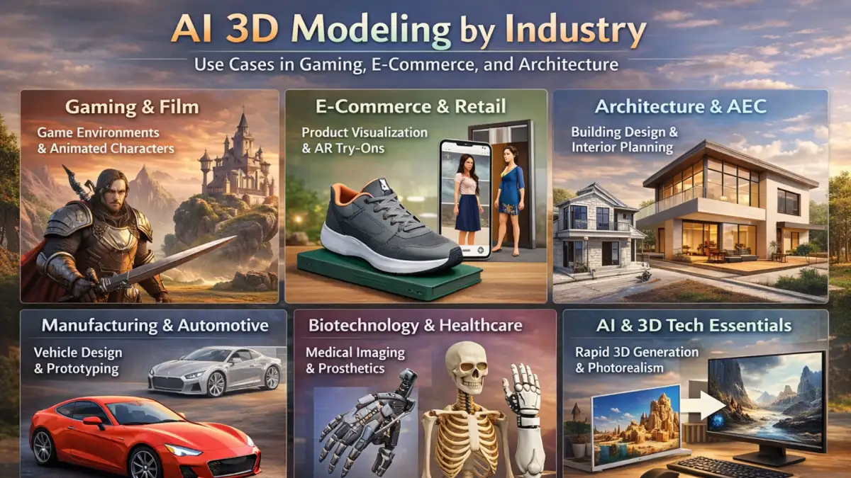 Infographic showing AI 3D modeling use cases in gaming, e-commerce product visualization, architecture interior planning, automotive prototyping, and healthcare prosthetics using rapid 3D generation.