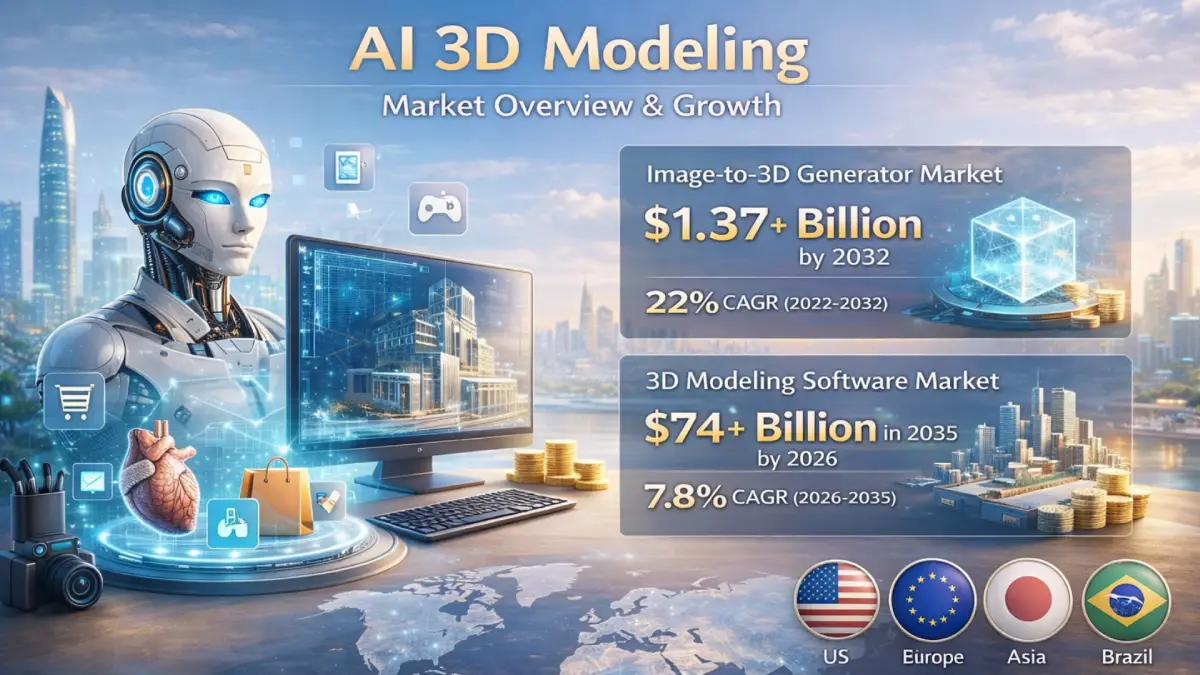 AI 3D modeling market growth chart showing image-to-3D generator market reaching $1.37 billion by 2032 and 3D modeling software market hitting $74 billion by 2035 across US, Europe, and Asia.