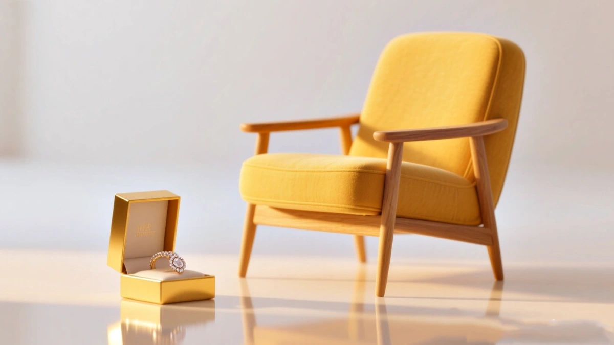 AI-powered background removal example showing yellow armchair and gold jewelry ring box with clean white backdrop for e-commerce