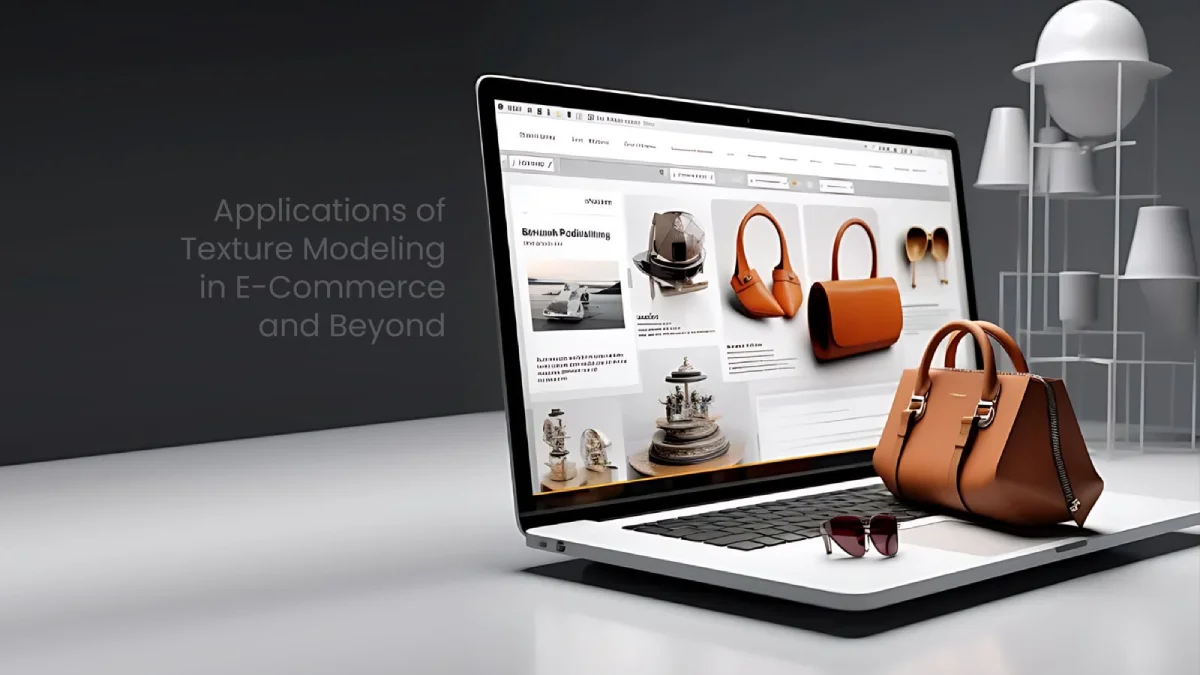 E-commerce laptop displaying 3D textured handbag models with physical leather bag demonstrating texture realism