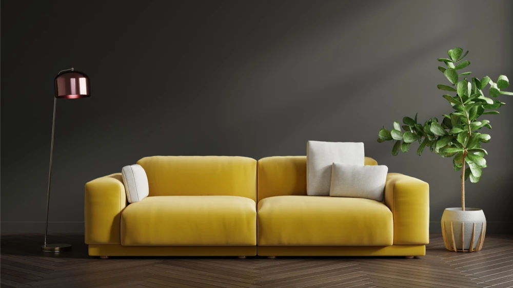 3D rendered yellow sofa in modern living room for brand furniture visualization marketing
