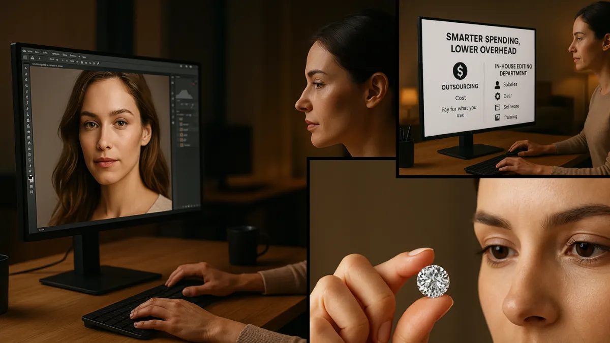 Infographic comparing outsourcing costs versus in-house photo editing department expenses including salaries, software, and equipment