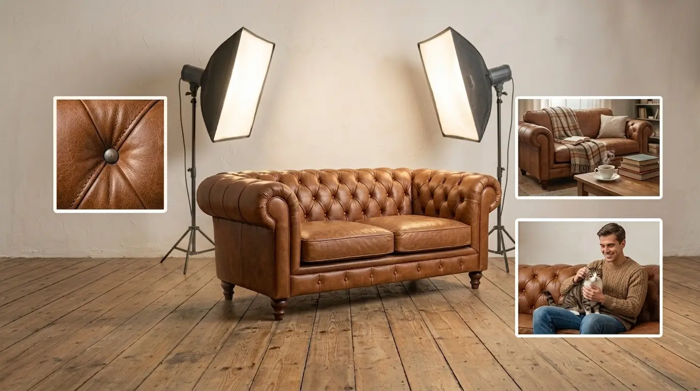 Professional lifestyle furniture photography of a tufted brown leather sofa in a studio with softbox lighting, featuring close-up texture details and 3D product rendering for e-commerce marketing.