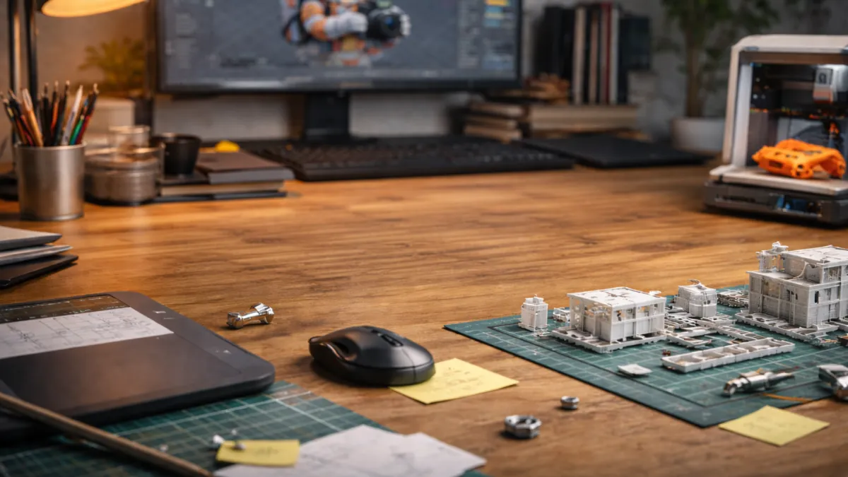 A professional 3D modeling workspace with dual monitors, a stylus tablet, physical 3D-printed architectural models, and design tools representing different use cases for Blender, Maya, and 3ds Max