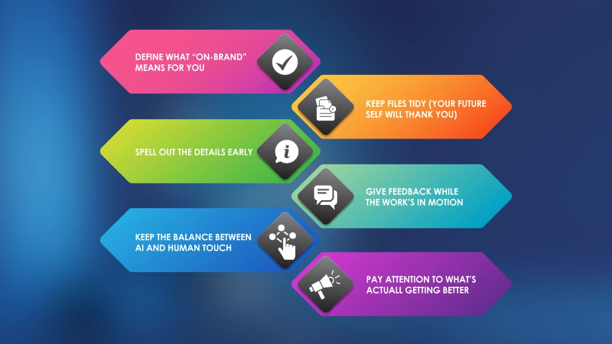 Six-step best practices infographic for outsourcing photo retouching including brand guidelines, file management, and quality tracking