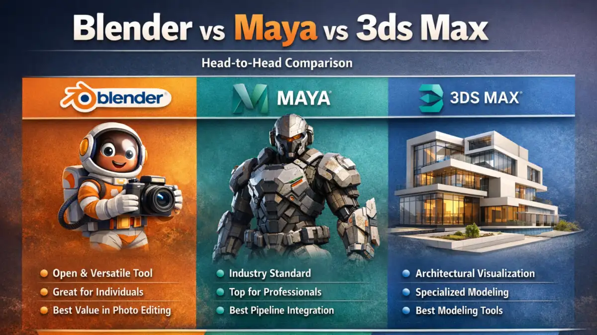 Blender vs Maya vs 3ds Max head-to-head comparison infographic showing Blender as an open versatile tool, Maya as the industry standard for professionals, and 3ds Max as best for architectural visualization and specialized modeling