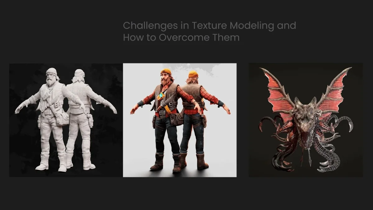 3D character models showing texture progression from untextured base to fully detailed fantasy creatures