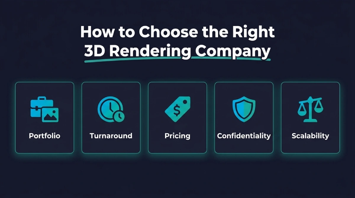 Checklist graphic detailing how e-commerce brands can choose the right 3D rendering company for their project.