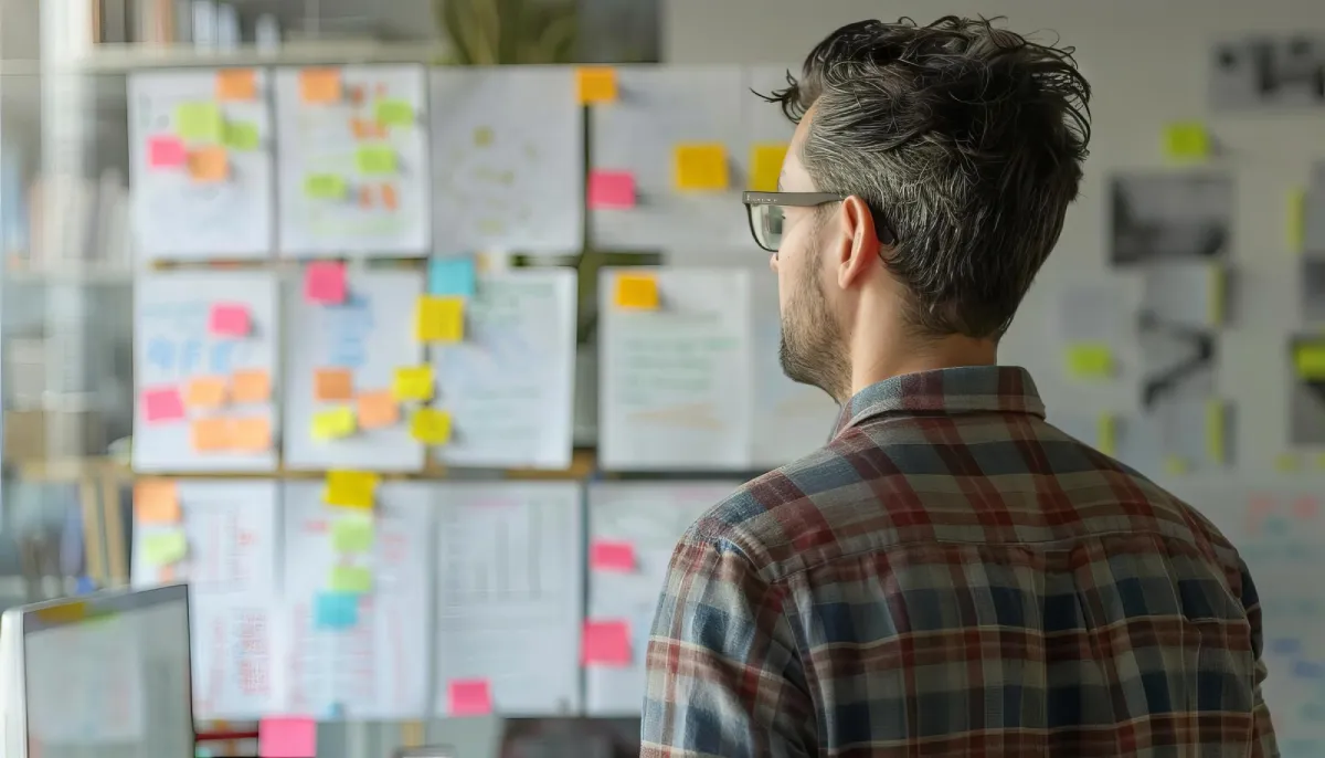 Professional examining colorful sticky notes on office wall for 3D modeling project planning
