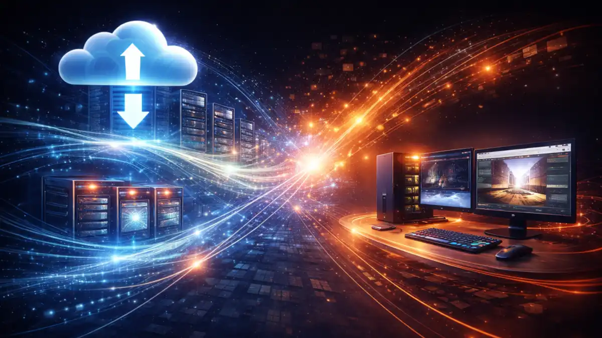 Cloud rendering vs local rendering visual comparison with remote servers and a local workstation connected by data streams