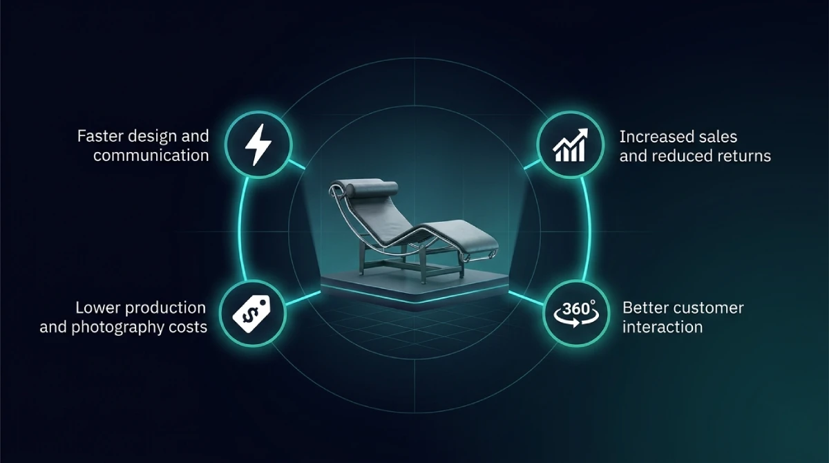 Infographic showing the core benefits of real-time rendering in product visualization — faster design and communication, lower production and photography costs, better customer interaction, and increased sales and reduced returns.