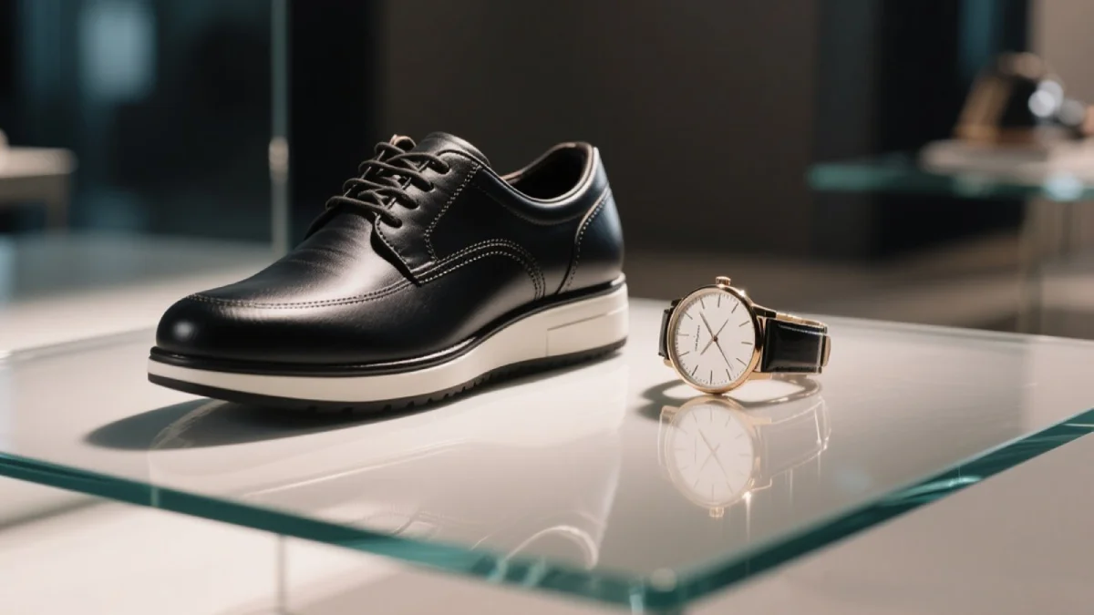 Dynamic lighting enhancement on luxury black leather shoe and silver watch with professional shadow creation on glass surface