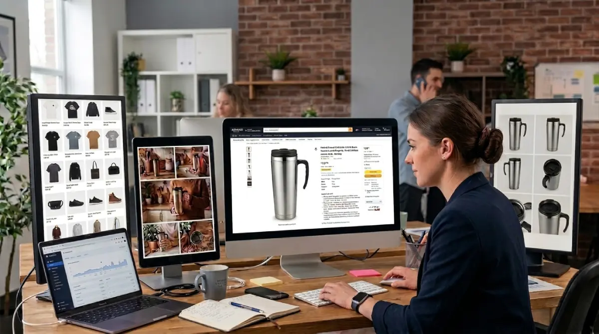 A woman at a multi-monitor workstation managing product listings and photos for multiple online store