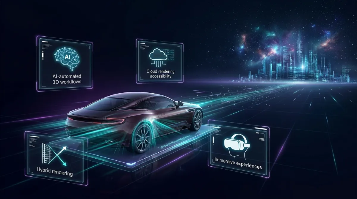 Futuristic infographic illustrating the future outlook of real-time rendering in product visualization, featuring AI-automated 3D workflows, cloud rendering accessibility, hybrid rendering, and immersive experiences.