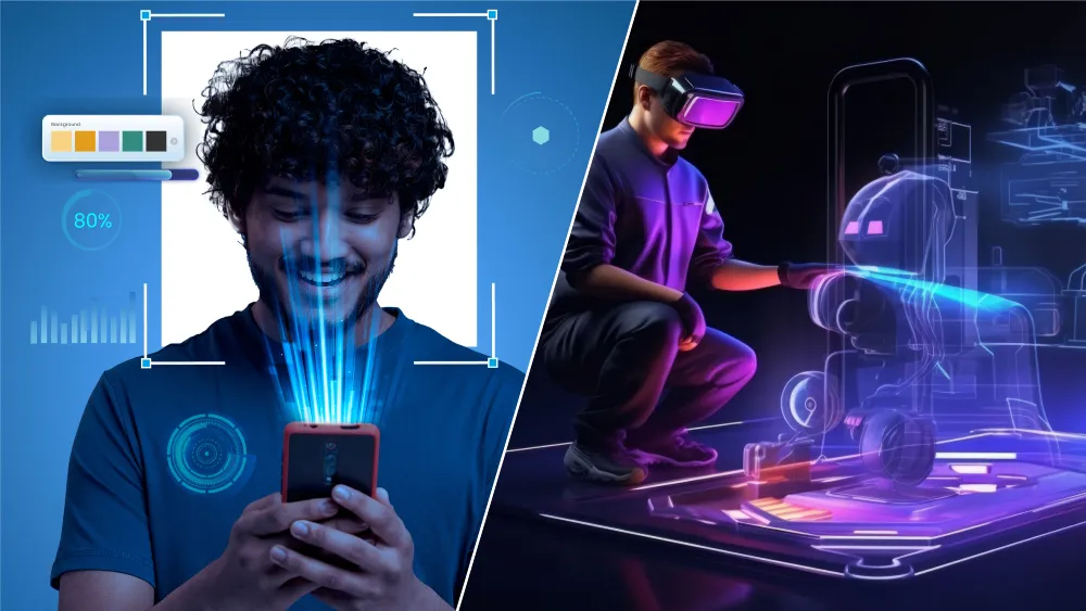 2D vs 3D design future trends showing AR interface and VR tools for digital marketing