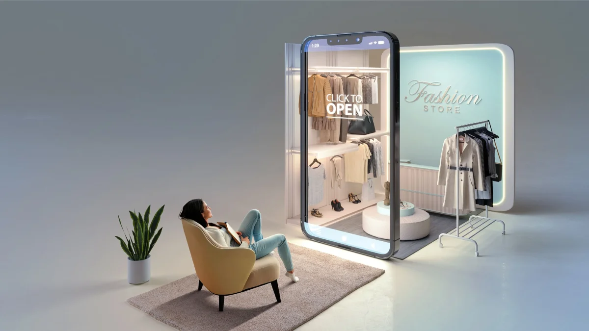 3D rendered virtual fashion store with mobile interface showing future marketing trends
