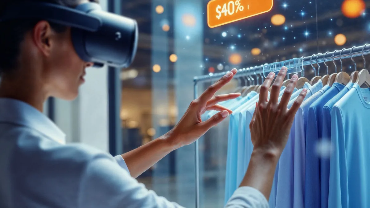 VR headset user experiencing 3D product visualization in retail store with 40% sales increase indicator