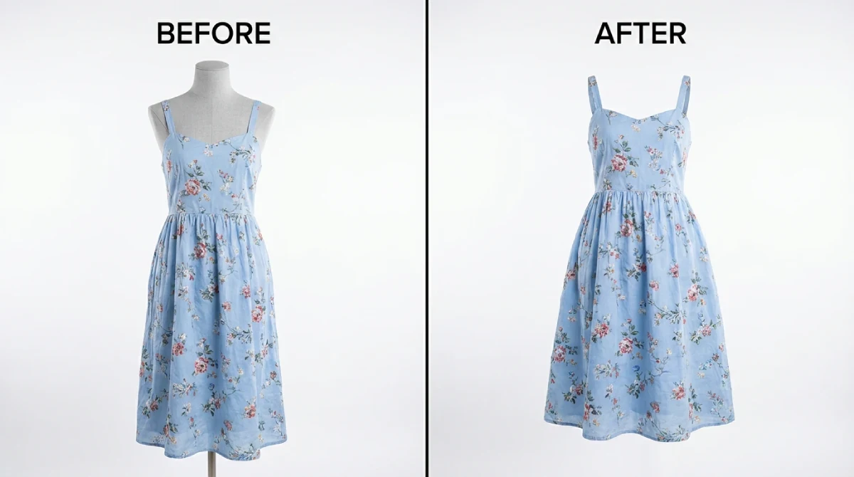 Before and after comparison of ghost mannequin service applied to an apparel product image