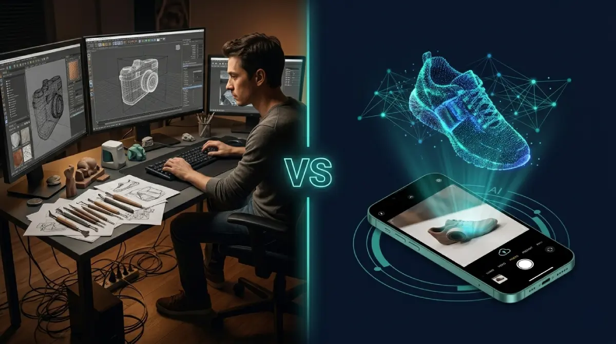 Split-screen infographic comparing Holosnap cloud AI-based image-to-3D generation against manual traditional 3D modeling using geometry wireframes and lighting setups.