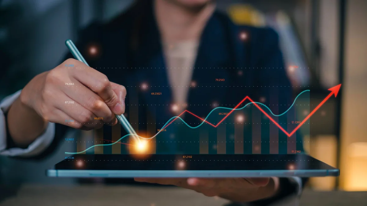 Professional analyzing 3D rendering ROI data with interactive charts and metrics