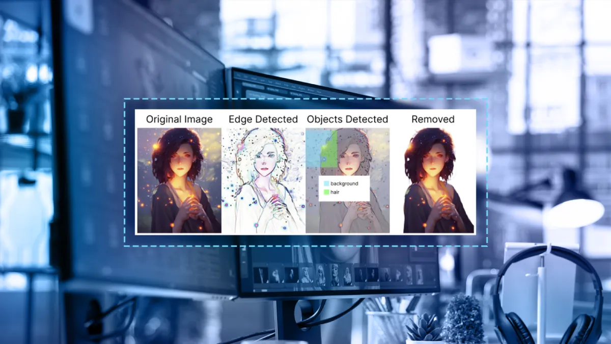 AI background removal process stages: original image, edge detection, object detection, and final result
