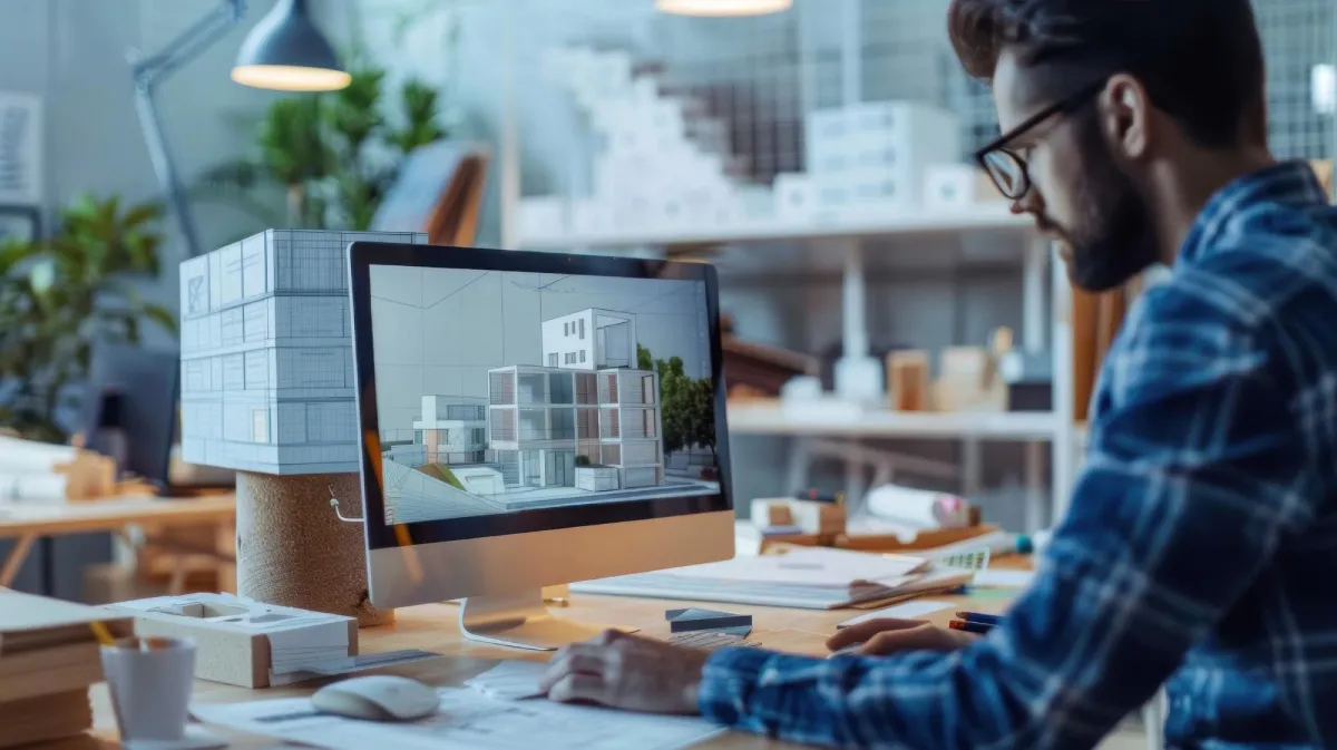 Architect using computer monitor displaying 3D architectural visualization models in modern office workspace