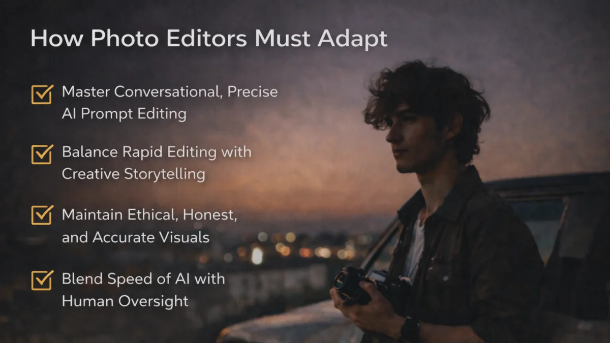 A photographer holding a camera at dusk surrounded by icons representing privacy, law, and verification - symbolizing ethical concerns and authenticity challenges in AI photo editing