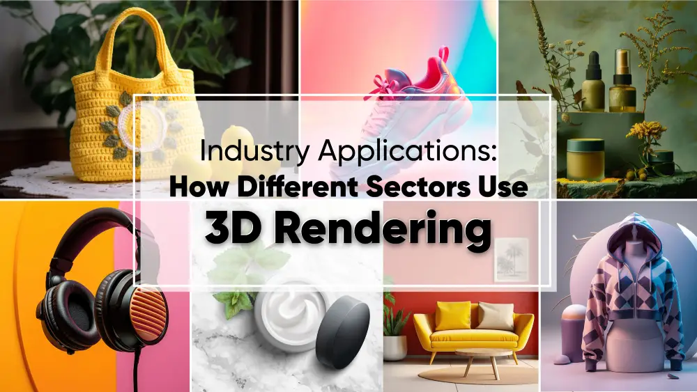 Collage showing 3D rendering applications across fashion, furniture, and product sectors