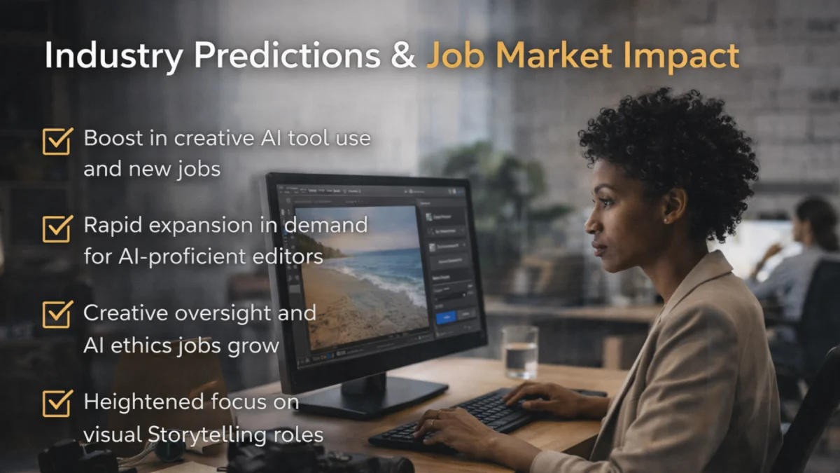 A professional photo editor working at a desktop computer with a list of AI industry predictions including demand for AI-proficient editors and visual storytelling roles in 2026
