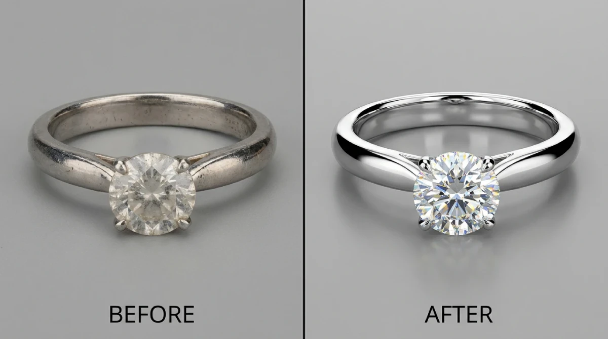 Jewelry Photo Retouching of a diamond ring, shows before after preview of that ring