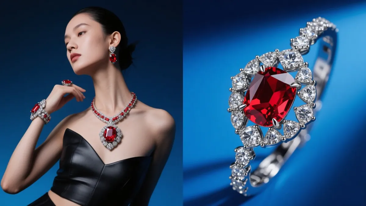 Professional jewelry photo retouching showing ruby diamond ring with enhanced sparkle and model wearing luxury red gemstone necklace set