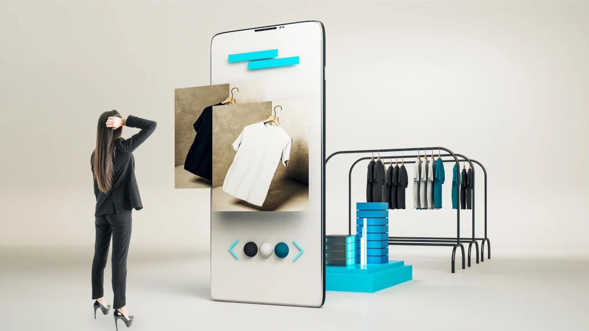 Mobile eCommerce app displaying 3D clothing visualization with color options and shopping cart integration
