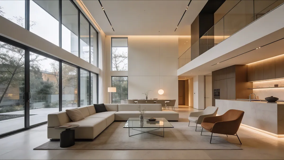 Lifestyle interior scene rendering showing furniture placed in a fully designed living room environment