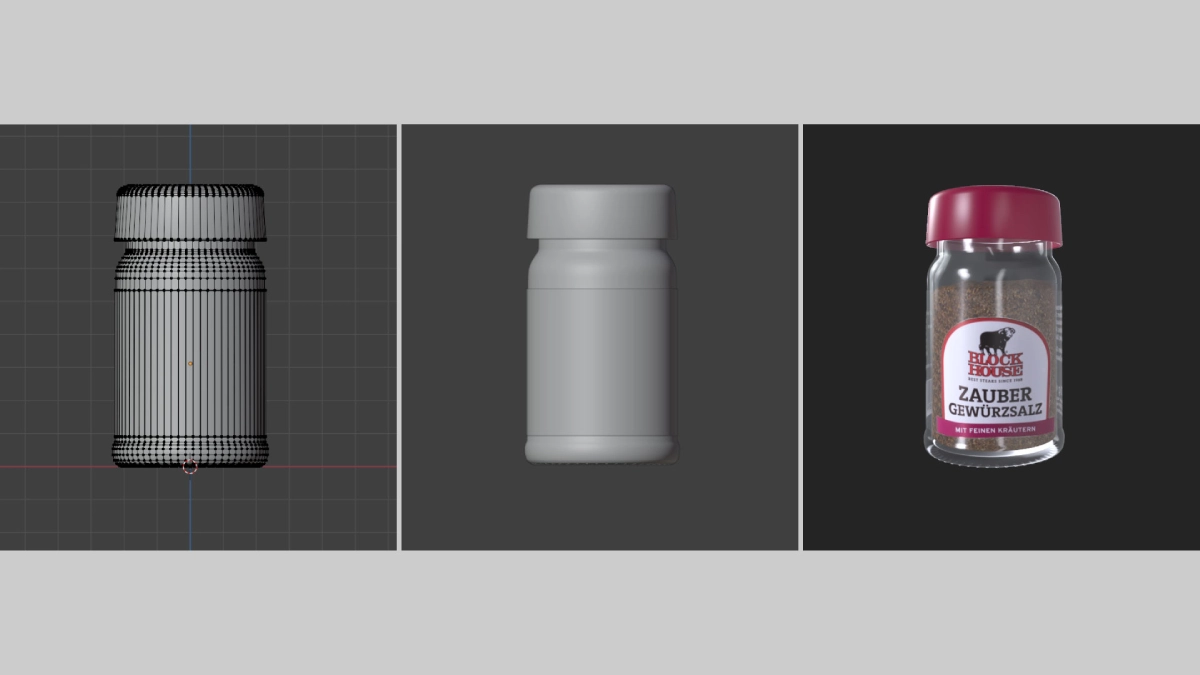 Three different 3D modeling examples: wireframe cylinder, solid white bottle, and textured spice jar