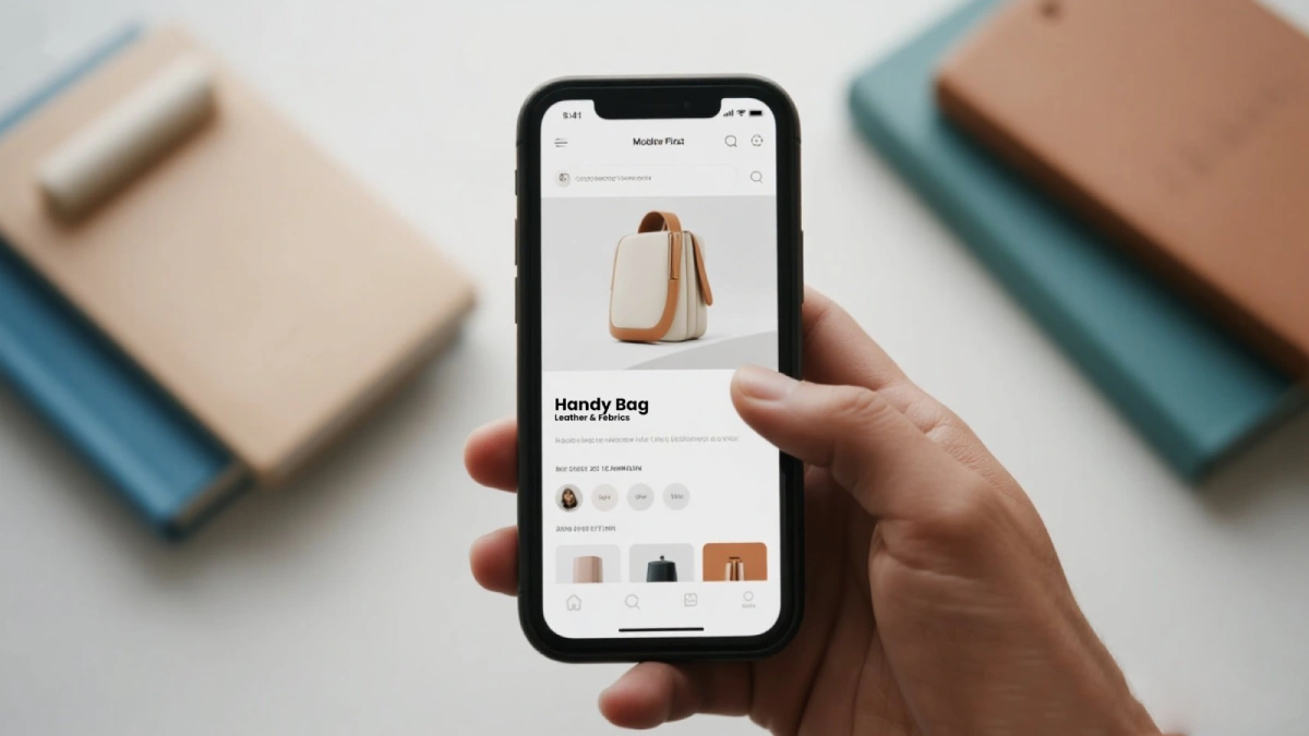 Mobile-first e-commerce image optimization showing product photo of handy bag displayed on smartphone screen for online shopping
