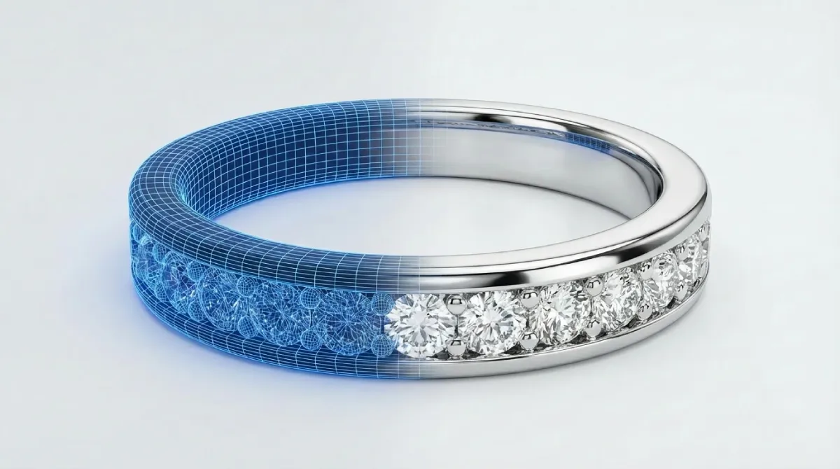 A half 3D wireframe model and half polished silver ring with channel - set round diamonds.