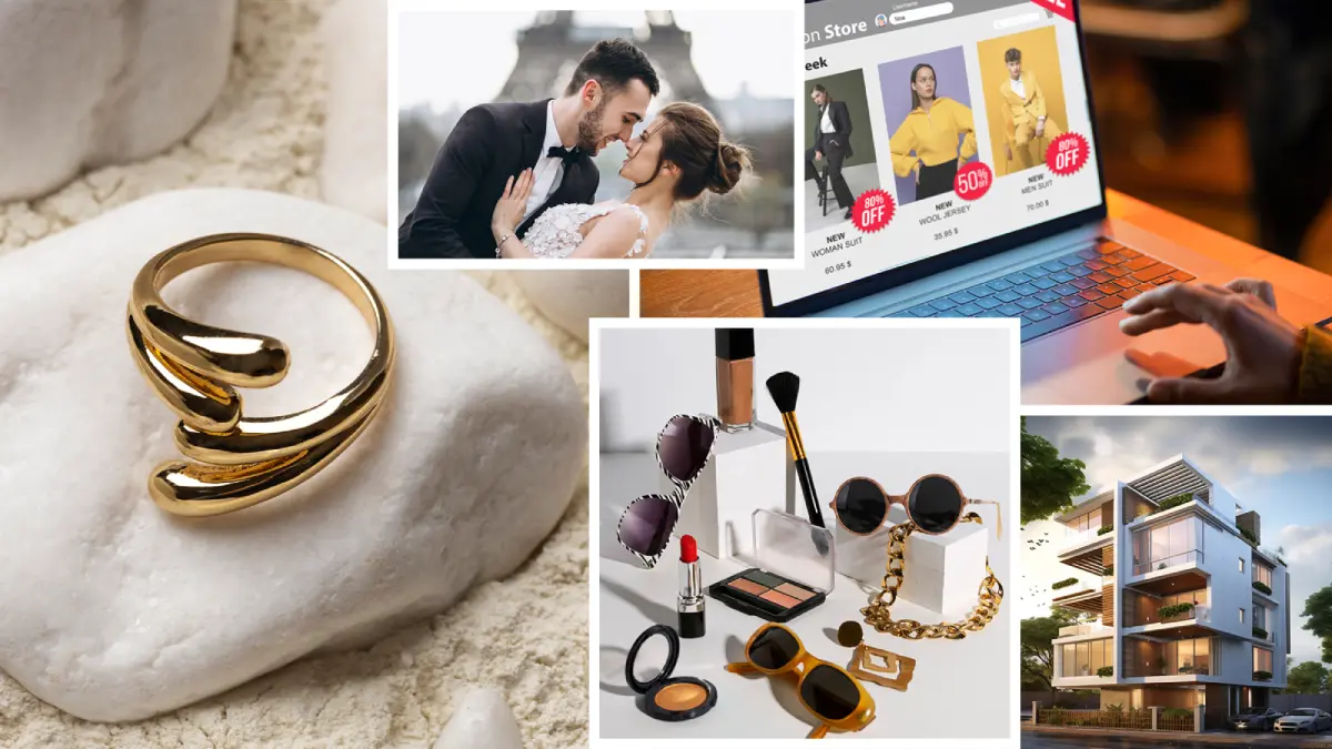 Collage showing professional photo retouching applications across jewelry, wedding, e-commerce fashion, cosmetics, and real estate industries