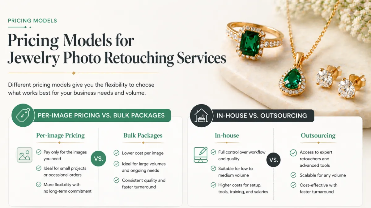 Infographic comparing jewelry photo pricing models and outsourcing vs. in-house options