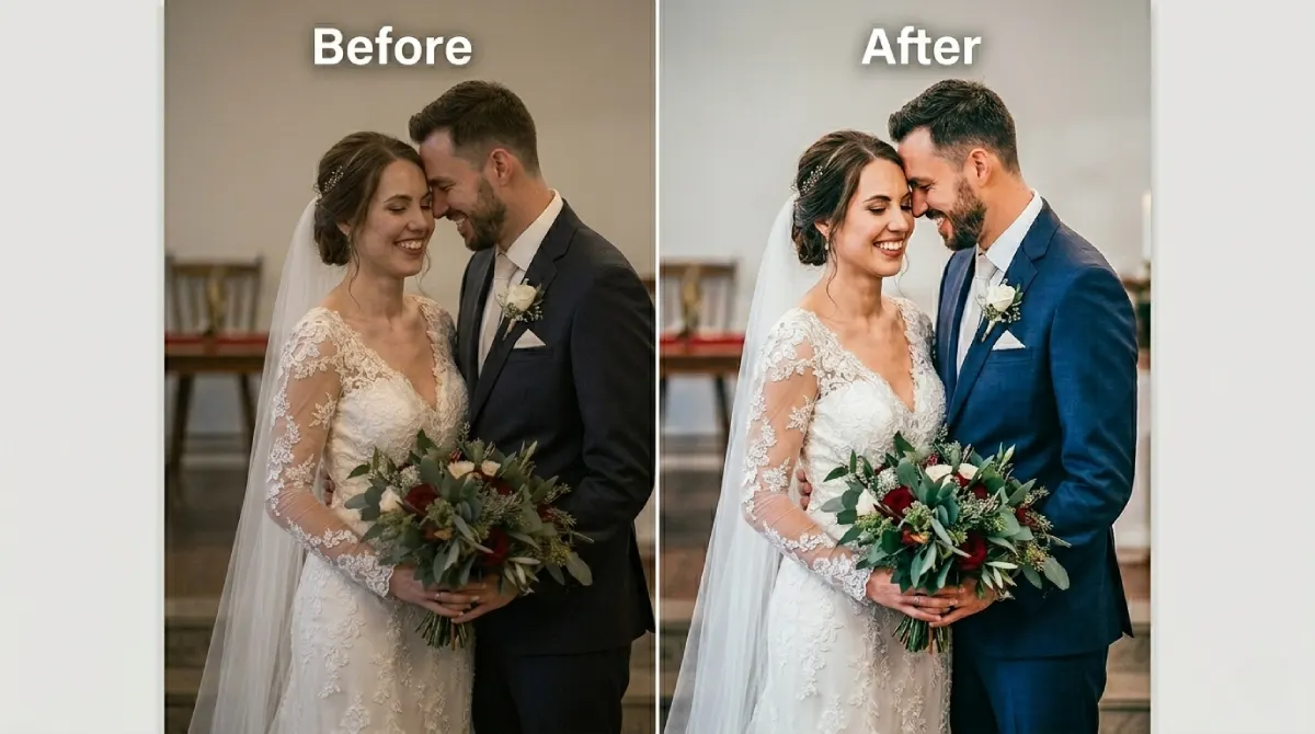Side-by-side comparison of a wedding portrait, showing a transition from a dull, warm original to a bright, color-corrected edit
