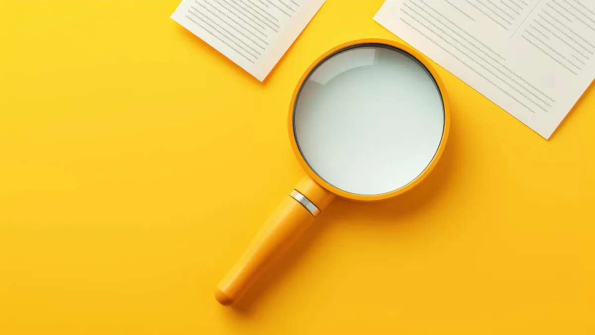 Magnifying glass over documents representing research and analysis of 3D ecommerce market trends