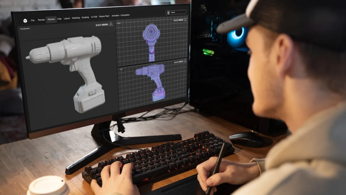 Professional 3D designer creating drill model from photo using computer software with wireframe view on monitor