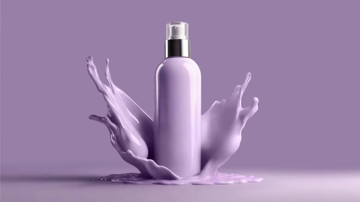 3D rendered purple cosmetic bottle with dynamic splash effects showcasing sustainable product visualization