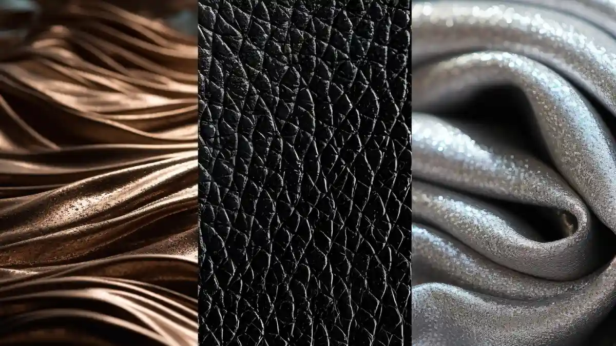 Texture and material enhancement in product photography showing detailed bronze silk fabric, black leather grain, and metallic surface