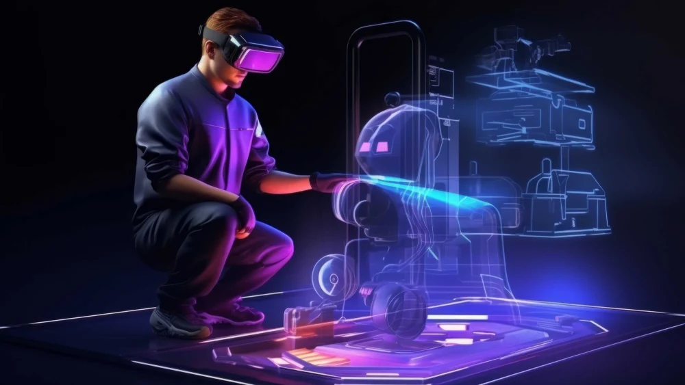 Professional using VR headset for 3D modeling and augmented reality design with holographic industrial equipment