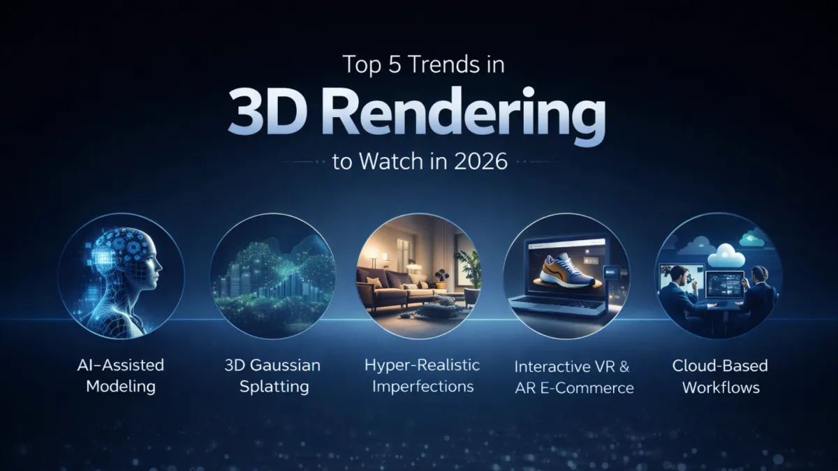 Top five 3D rendering trends to watch in 2026, including AI-assisted modeling, 3D Gaussian Splatting, hyper-realistic imperfections, interactive VR and AR, and cloud-based workflows