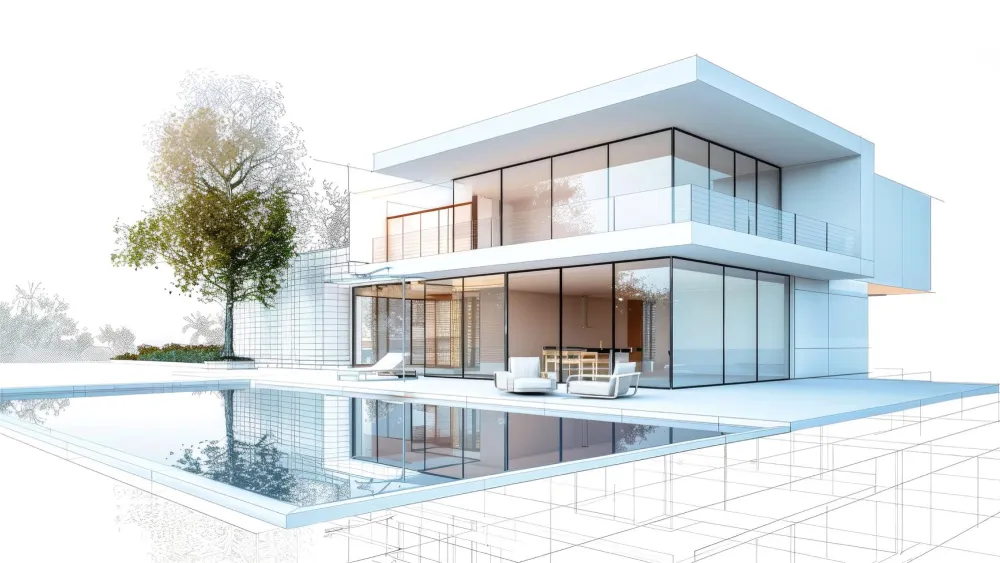 3D rendering example of modern house with wireframe overlay showing architectural visualization process