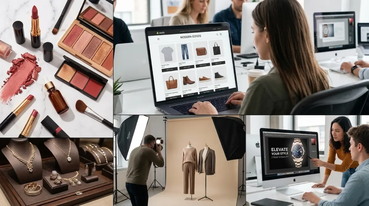 Collage showing makeup, jewelry, professional photography, and designers editing product images for e-commerce.