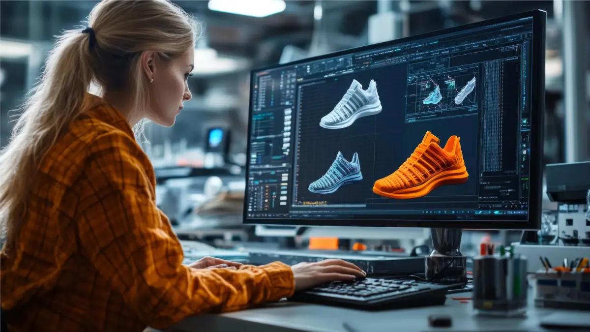3D artist designing colorful sneaker models on computer screen for ecommerce product visualization